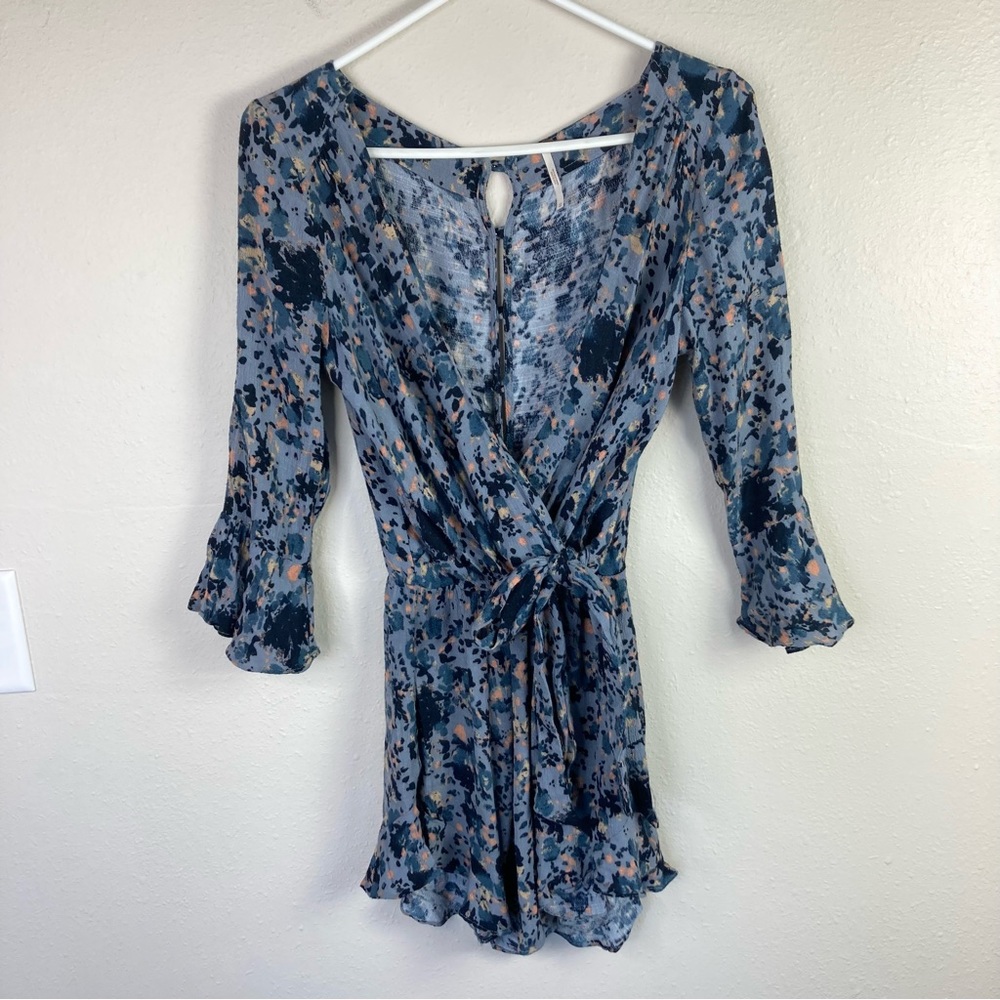 Free People Blue Patterned All The Right Ruffles Faux Wrap Romper - Picture 3 of 6